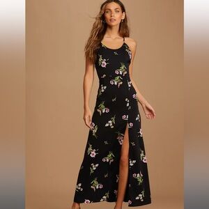Lulus Blooming Vision Black Floral Print Satin Maxi Dress Size Medium